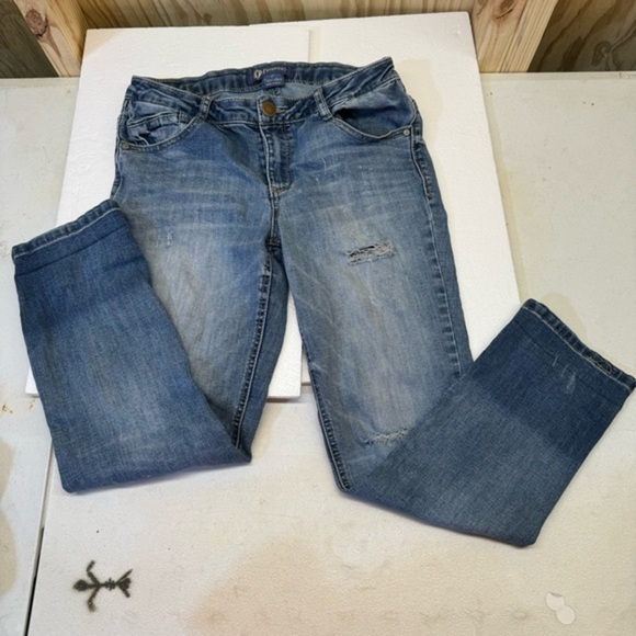 Democracy Flex-ellent Jeans EUC Womens sz 4 Distressed Patch Sequin Blue Denim - Picture 3 of 9